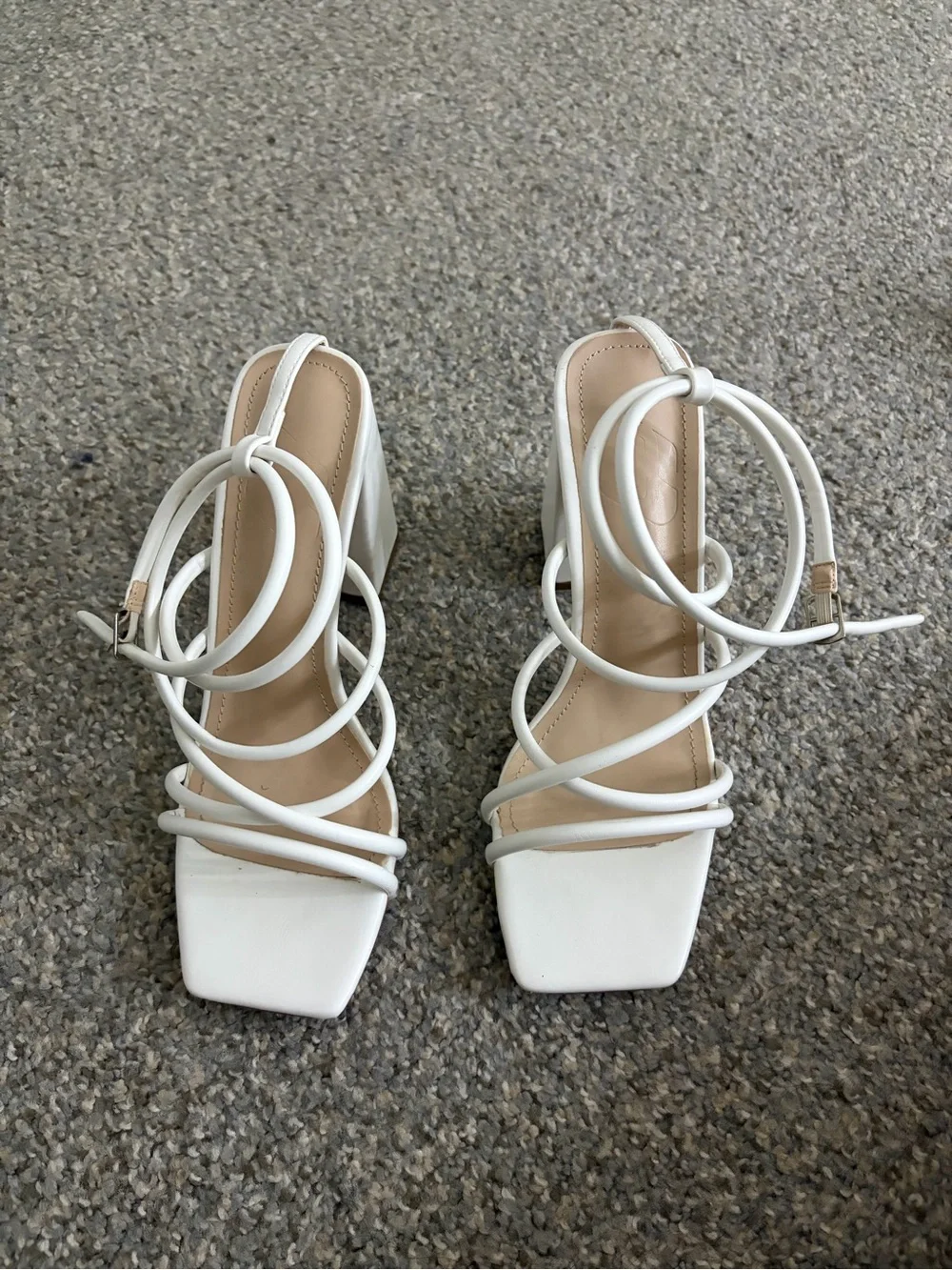 White Strappy Square-Toe Block Heel Sandals - Women's Heeled Sandals